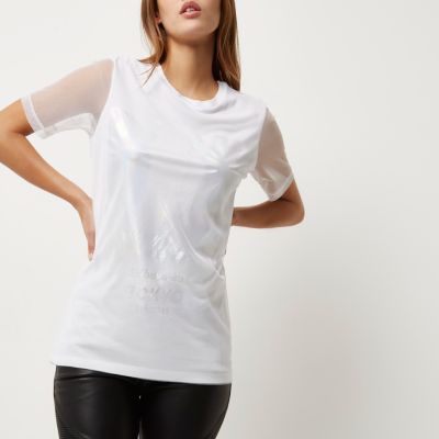 White metallic Tokyo print mesh T-shirt